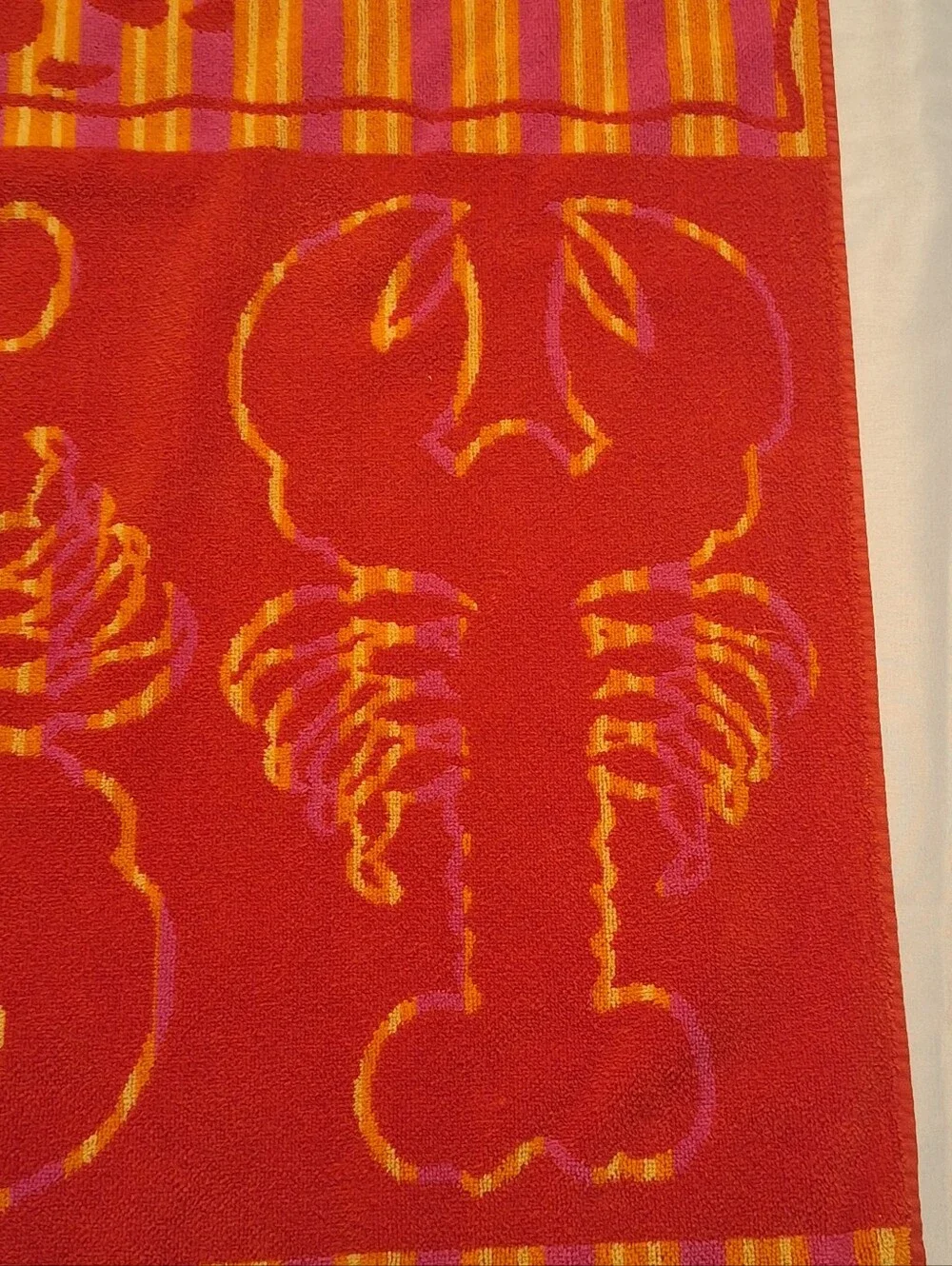 Vtg 90s Palm Cove Lobster Beach Towel Red Orange Pink Ocean 57x30 Inch Retro